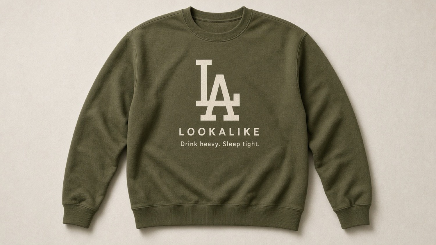 Olive crewneck printed LOOKALIKE, Drink heavy. Sleep tight.